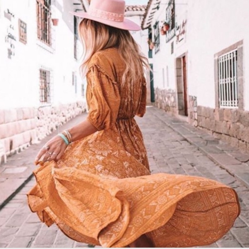 Spell Lioness Gown Caramel Small Yellow Boho